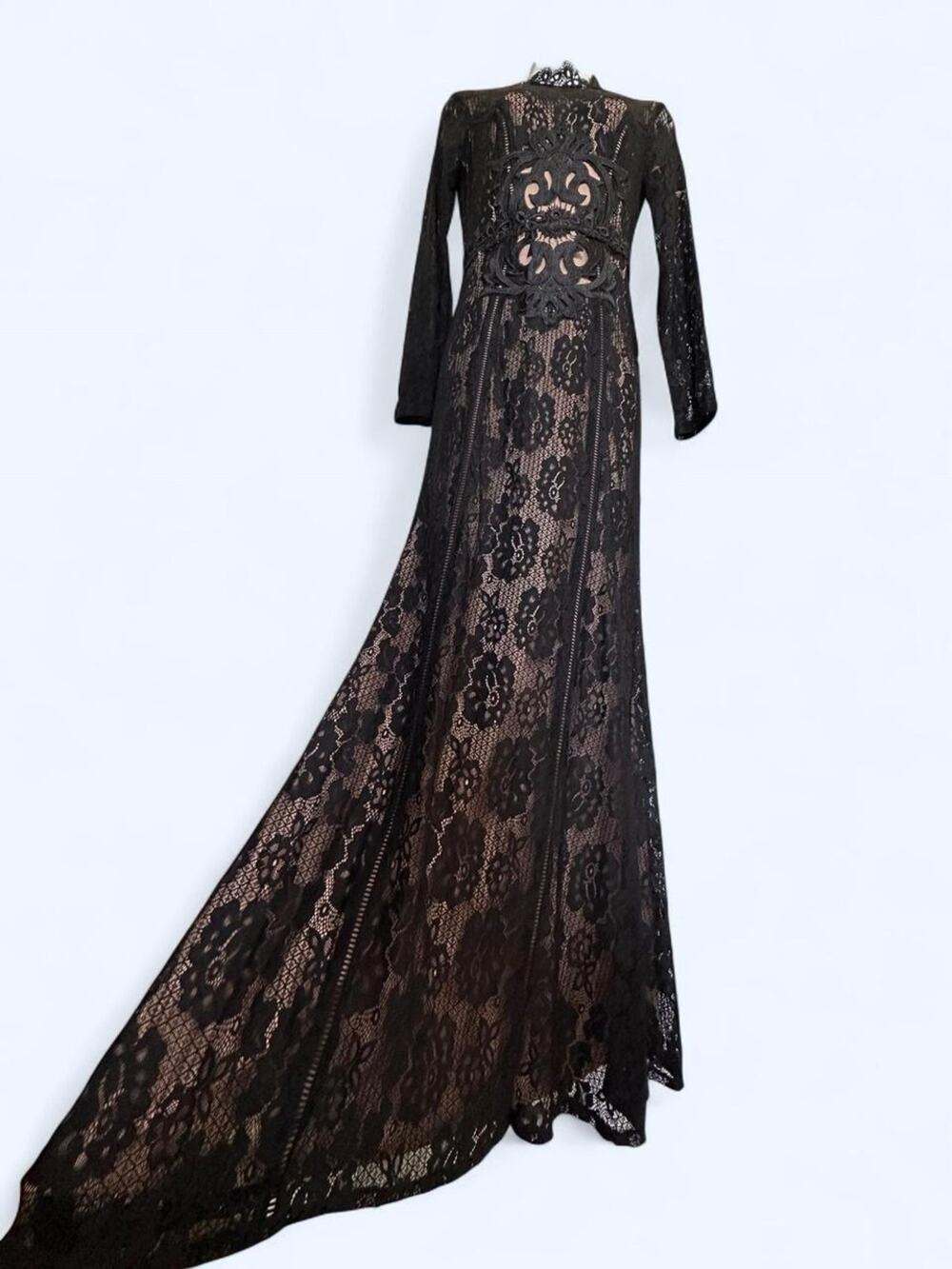 NWT City Studios Black Lace Long Sleeve Evening Gown Nude Lining Sz 1 XS